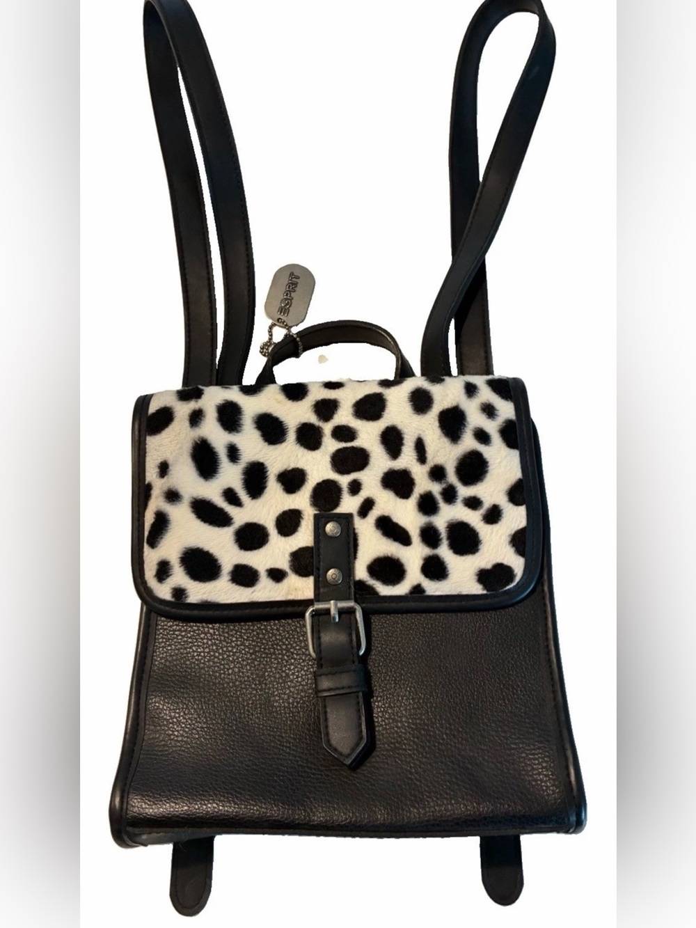 Vintage 90s Esprit Mini Backpack Dalmatian Faux Calf Hair Leather Flap Purse
